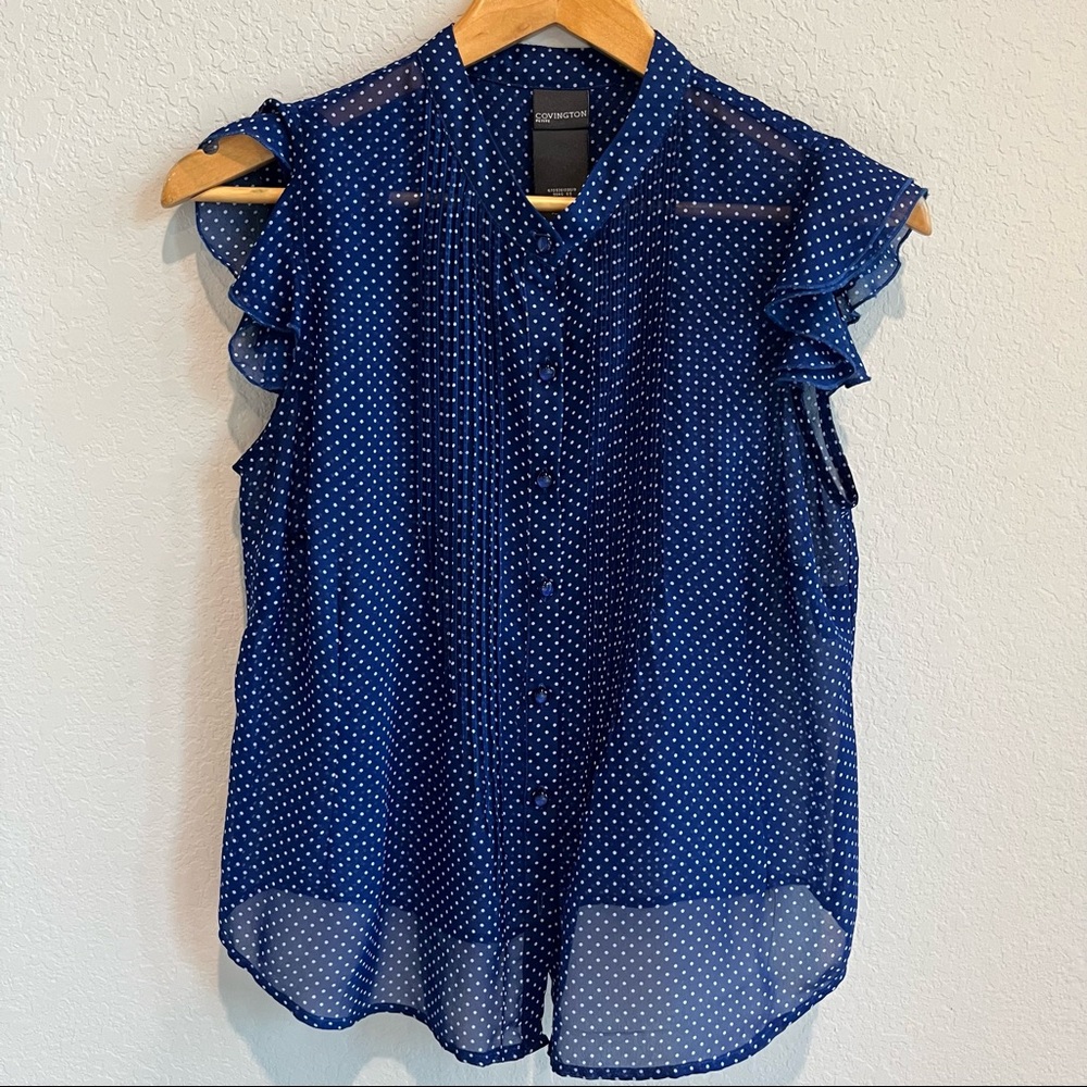 New Covington Polka Dot Cap Sheer Sleeveless Stand Collar Blouse Petite blue